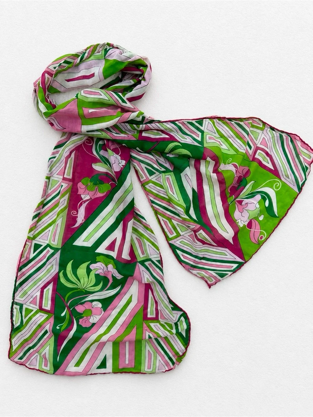 Talbots Cotton Silk Scarf Pink Green Geometric Floral Lightweight Wrap